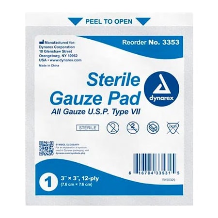 Dynarex Dynarex Gauze Pad, Sterile, 3inL x 3inW, 12 Ply, 2400 Pcs 3353